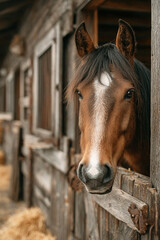 Modern tidy stable with a stallion looking out from its stall during a scenic moment