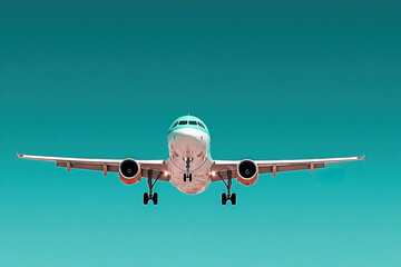 Passenger plane flies through a clear light blue sky offering a perfect travel experience