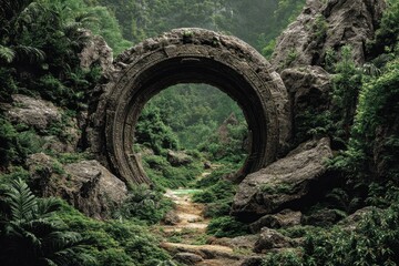 Obraz premium Virtual Pathway. Majestic Stone Arch Portal in Enhanced Rocky Jungle Landscape