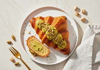 Pistachio Cream Croissant — Gourmet French Pastry on White Plate (Top View)