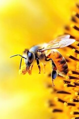 Naklejka premium Close-up of bee pollinating a vibrant yellow flower in sunlight