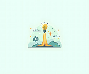 Launching an Innovative Concept A Creative Light Bulb Rocket Taking Off into the Sky, Illustration
