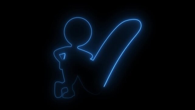 Glowing neon line man character leaning against big check mark symbol affirmation success choice
