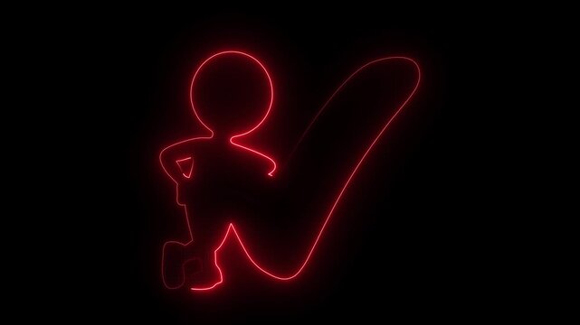 Glowing neon line man character leaning against big check mark symbol affirmation success choice
