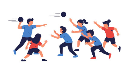 Dodgeball Duel: dynamic illustration captures a dodgeball match, where energetic children are engrossed in a contest of skill, coordination, and excitement.