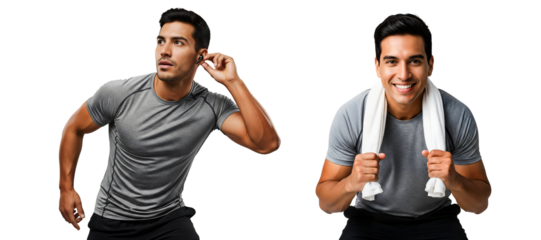 Fitness man in gray tee with earbuds and towel, workout athlete portrait, active training poses, fitness athlete, Isolated on transparent background, png
