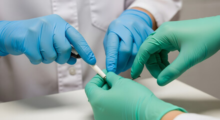 Hands of scientists in protective gloves working with laboratory equipment and conducting experiments