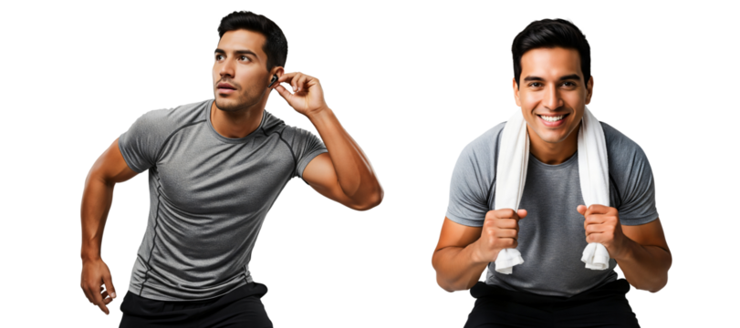 Fitness man in gray tee with earbuds and towel, workout athlete portrait, active training poses, fitness athlete, Isolated on transparent background, png