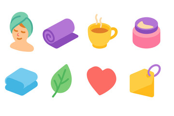 Wellness and spa flat icon set. Relaxation, self-care, meditation icons collection