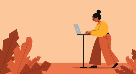 A stylish woman works at a standing desk on her laptop in a warm-toned, minimalist illustration, representing modern remote work and professional focus
