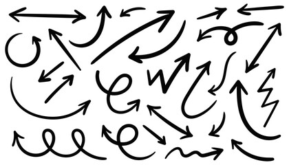 Collection of black doodle arrows of various shapes and directions, hand-drawn in the style of doodles on a white background. Vector illustration