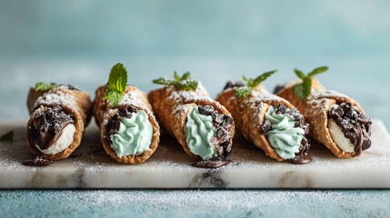 Cannoli arranged on marble slab, pastel mint gradient background, airy minimal light, copy space