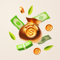 Money bag with golden coins and green paper bills. Financial success and good investment.