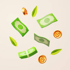 Money: coins and green paper bills. Banking. rich, success design.