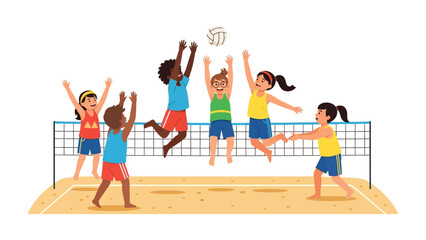 Volleyball Match on the Beach: Lively children engage in an energetic beach volleyball game, leaping towards the net to hit the ball, under a cloudless sky. © Abu
