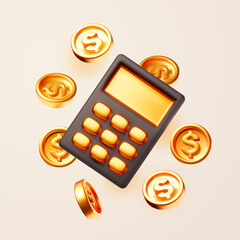 3d calculator with golden coins. Finance and banking. Calculator icon and golden coins