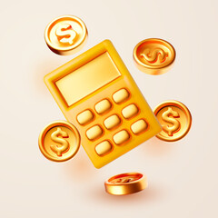 3d calculator with golden coins. Finance and banking. Calculator icon and golden coins