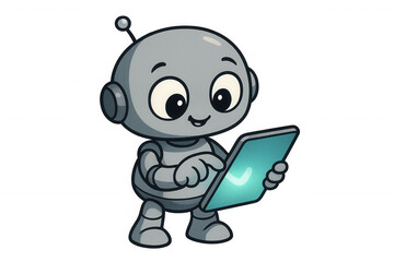 Fototapeta premium Cute cartoon robot standing, interacting with a tablet showing a glowing checkmark, transparent background