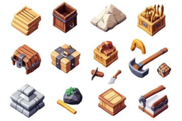 Collection of isometric game resource icons isolated on transparent background. Collection set of adventure game icons isolated on white background.