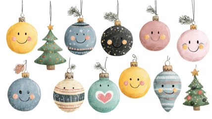 Cute christmas ornaments collection with colorful designs happy faces and festive patterns high resolution png style for seasonal decorations and crafts