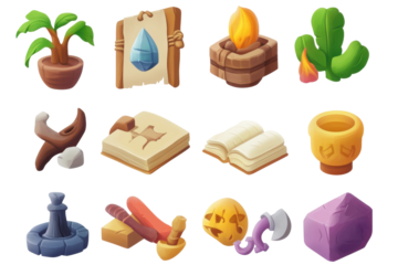 Collection of isometric game resource icons isolated on transparent background. Collection set of adventure game icons isolated on white background.