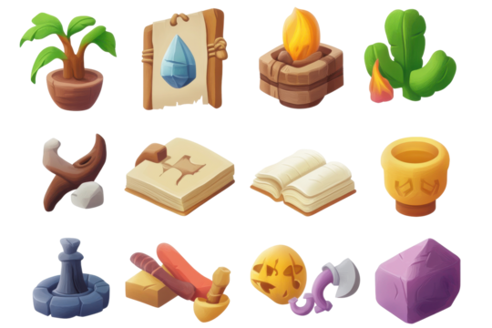 Collection of isometric game resource icons isolated on transparent background. Collection set of adventure game icons isolated on white background.