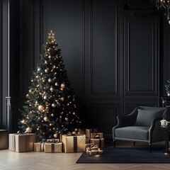 Fototapeta premium Modern minimalist New Year scene with elegant Christmas tree and luxury decorations