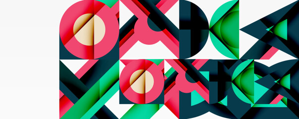 Abstract geometric patterns repeat. Shapes overlap, creating vibrant color blocks. Design feels modern, dynamic, visually interesting.