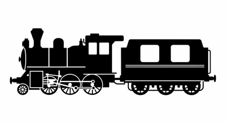 Silhouette of a vintage steam train engine pulling a passenger carriage isolated on white background retro transport travel concept