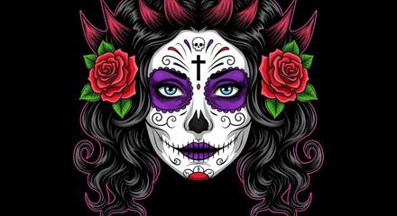 Stunning Dia de los Muertos Sugar Skull Woman Portrait with Roses and Purple Accents Vector Illustration