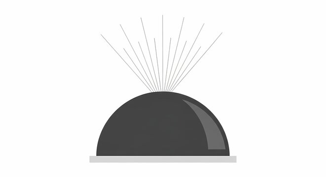 Minimalistic black half-sphere with artistic burst of thin lines radiating upwards, representing modern geometric abstract design on white background for commercial use