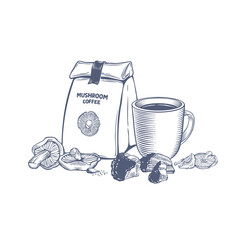 Hand drawn vector illustration of mushroom coffee packaging and cup in engraving style