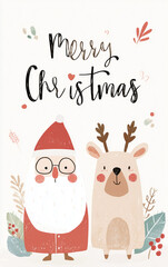 Obraz premium Merry Christmas: Santa and reindeer in snowy scene with gifts for festive holiday card