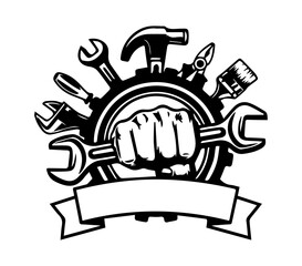 Obraz premium Mechanic Tools Logo with Fist and Gear Emblem Design