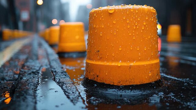 A single orange traffic cone sits on the side of a road, possibly directing traffic or marking a hazard