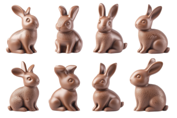 Collection of chocolate easter bunnies isolated on transparent background. Collection set of chocolate easter bunnies isolated on white background.