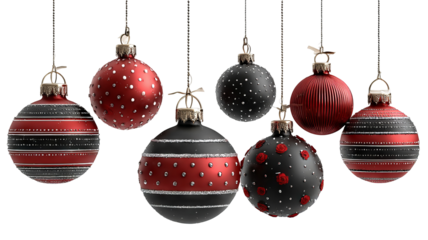 Festive christmas ornaments in red and black with elegant stripes and dotted patterns stylish decorative baubles perfect for modern holiday designs and seasonal celebrations
