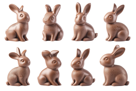 Collection of chocolate easter bunnies isolated on transparent background. Collection set of chocolate easter bunnies isolated on white background.