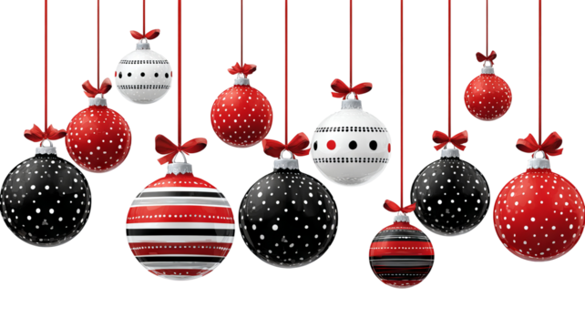 Festive christmas ornaments in red and black with elegant stripes and dotted patterns stylish decorative baubles perfect for modern holiday designs and seasonal celebrations
