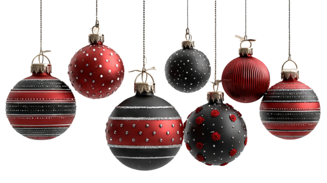 Festive christmas ornaments in red and black with elegant stripes and dotted patterns stylish decorative baubles perfect for modern holiday designs and seasonal celebrations
