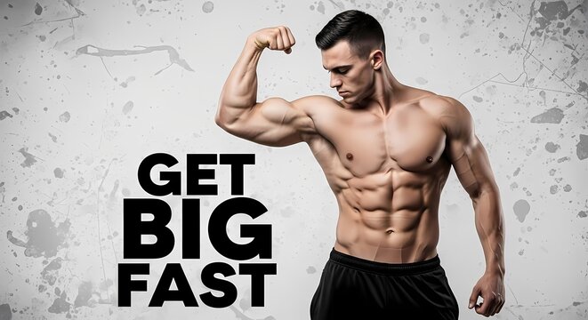 Muscular man in black shorts flexing bicep poses near motivational text on gray splash background highlighting strength fitness bodybuilding workout goals and gym lifestyle