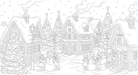 Obraz premium Charming winter village scene with children building snowmen together