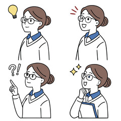 A woman with glasses expressing various emotions and gestures. She has brown hair tied back, wears a white shirt with a blue collar, and shows expressions such as thinking, confusion, surprise, joy.