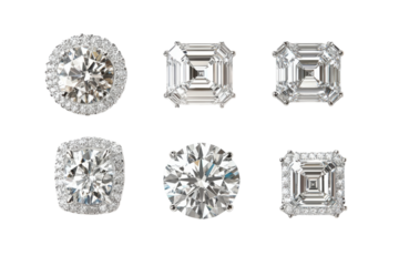 Collection of sparkling diamonds in various cuts isolated on transparent background. Collection set of diamonds top view isolated on white background.