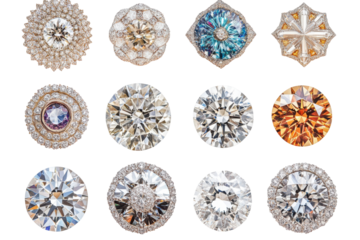 Collection of sparkling diamonds in various cuts isolated on transparent background. Collection set of diamonds top view isolated on white background.