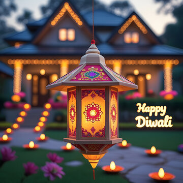 A beautifully decorated Aakash Kandil or Diwali lantern hangs outdoors, radiating a warm "Happy Diwali" glow. The home and garden in the background are adorned with twinkling string lights.