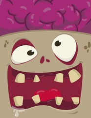 Funny cartoon zombie face with big teeth, crazy eyes, and exposed purple brain. Perfect for Halloween designs, spooky party invitations, horror-themed illustrations, and creepy character artwork.