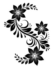 Black and white decorative ornament with flower silhouette, swirls and leaves, floral design element. 