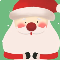 Adorable Santa Claus cartoon illustration with a red hat, rosy cheeks, and big white beard on a green background. Perfect for Christmas greeting cards, festive decorations, winter themes, and holiday.