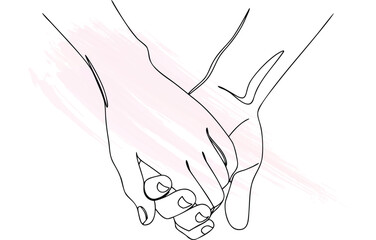 Two hands holding fingers in continuous line art with  brush strokes Single line connection